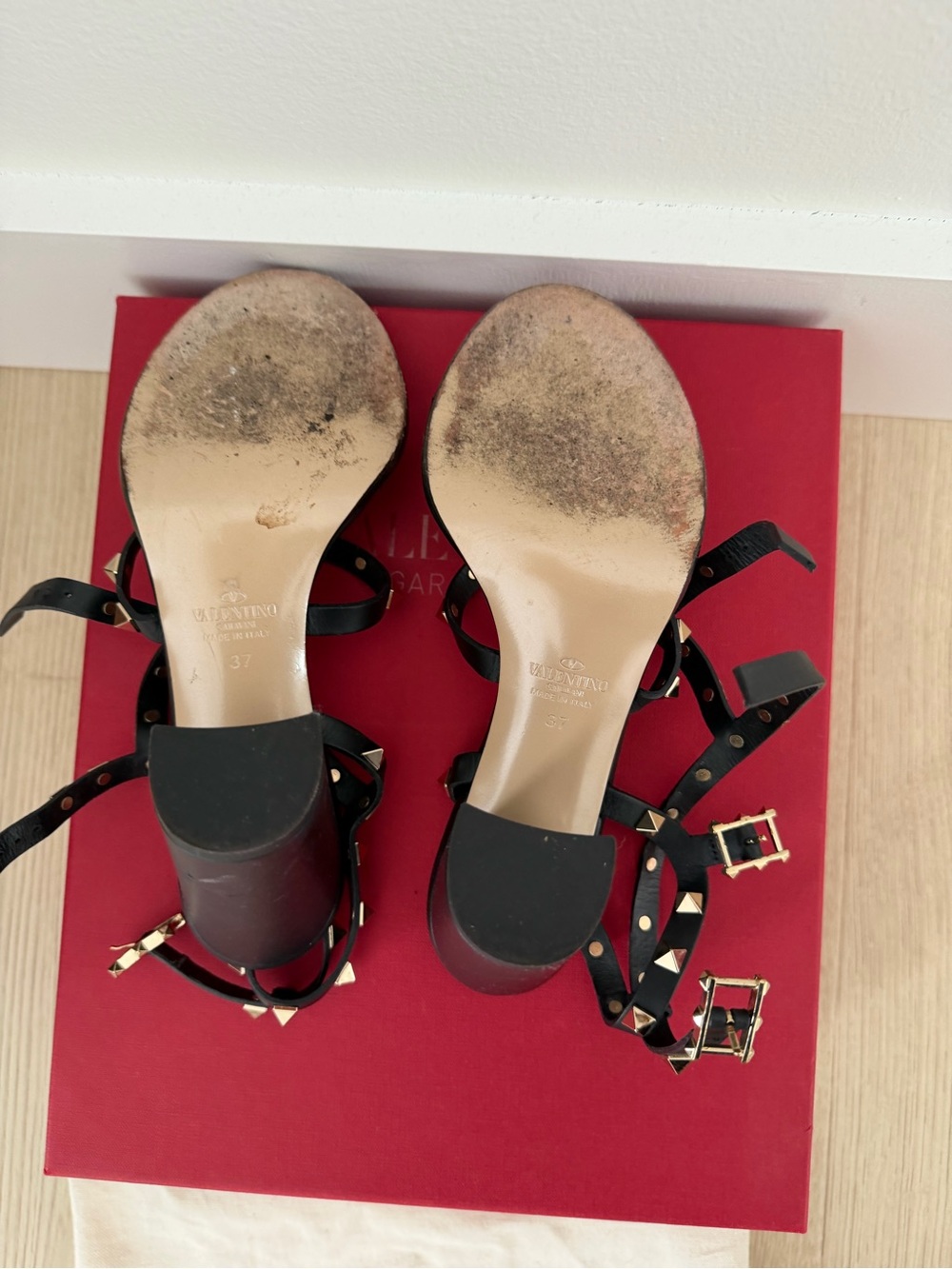 Valentino Black Leather Rockstud Strappy Heels with Gold Studs - Picture 7 of 7